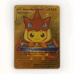 Pokemon Pikachu Mega Charizard Cosplay Gold Foil Fan Art Display Card - Image 1