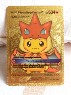 BASIC PIKACHU MEGA CHARIZARD Y HP300 GOLD FOIL FAN ART POKEMON CARD - Image 1