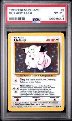1999 POKEMON BASE SET UNLIMITED #5 CLEFAIRY-HOLO PSA 8 NM-MT - Image 1