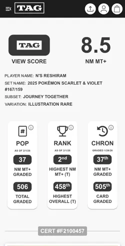 2025 Pokemon SV Journey Together N's Reshiram #167/159 TAG 8.5 - Image 5