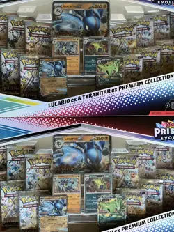 LOT OF 2 Pokemon Prismatic Evolutions Lucario & Tyranitar ex Premium Collection - Image 2