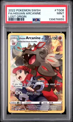 2022 POKEMON SWORD & SHIELD LOST ORIGIN #TG08 FULL ART/HISUIAN ARCANINE PSA 9 - Image 1