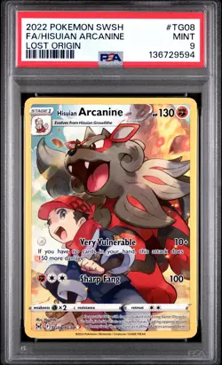 2022 POKEMON SWORD & SHIELD LOST ORIGIN #TG08 FULL ART/HISUIAN ARCANINE PSA 9 - Image 1