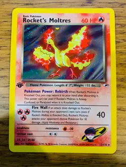 NM! 1st Edition Rocket's Moltres (12/132) Gym Heroes Holo Pokemon Card! - Image 1