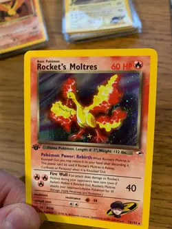 NM! 1st Edition Rocket's Moltres (12/132) Gym Heroes Holo Pokemon Card! - Image 4