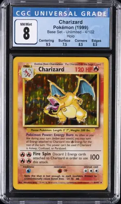 1999 POKEMON BASE SET UNLIMITED CHARIZARD CGC 8 - Image 1