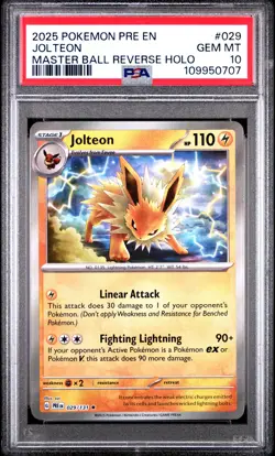 2025 POKEMON PRE EN-PRISMATIC EVOLUTIONS MASTER BALL REVERSE HOLO JOLTEON PSA 10 - Image 1