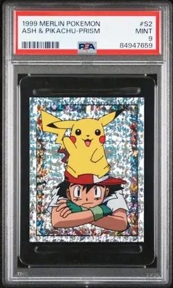 Ash & Pikachu 1999 Merlin Pokemon Prism Sticker #S2 PSA 9 Mint POP 126!! - Image 1