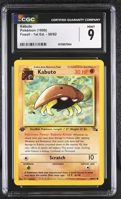 CGC Mint 9 Kabuto 1999 Pokemon Fossil 1st Edition Card #50/62 - Image 1