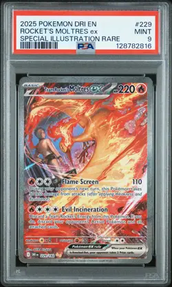 2025 POKEMON DRI EN-DESTINED RIVALS #229 TEAM ROCKET'S MOLTRES EX PSA 9 - Image 1
