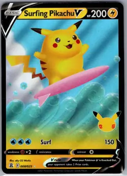 Surfing Pikachu V 008/025 Celebrations - Pokemon Card - NM - Image 1