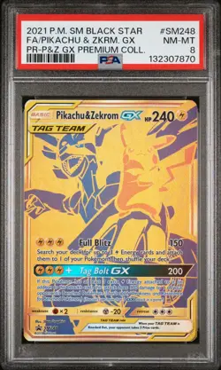 2021 Pokemon Sun Moon Black Star FA Pikachu & Zekrom GX Premium #SM248 PSA 8 - Image 1