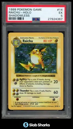1999 POKEMON BASE SET UNLIMITED #14/102 RAICHU RARE HOLO PSA 5 - Image 1
