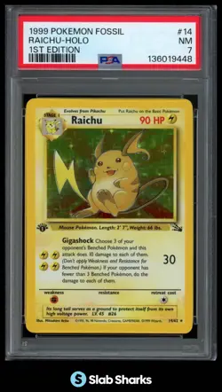1999 POKEMON FOSSIL 1ST EDITION #14/62 RAICHU HOLO PSA 7 - Image 1