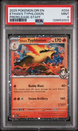 2025 POKEMON DRI EN-DESTINED RIVALS PRERELEASE-STAFF ETHAN'S TYPHLOSION PSA 9 - Image 1