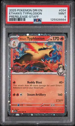 2025 POKEMON DRI EN-DESTINED RIVALS PRERELEASE-STAFF ETHAN'S TYPHLOSION PSA 9 - Image 1