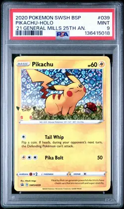 2020 Pokemon Swsh Black Star Promo #039 Pikachu Holo General Mills 25th AN PSA 9 - Image 1