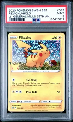 2020 Pokemon Swsh Black Star Promo #039 Pikachu Holo General Mills 25th AN PSA 9 - Image 1
