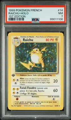 PSA 7 NM 1999 POKEMON FRENCH #14 RAICHU-HOLO 1ST EDITION BASE SET - Image 1