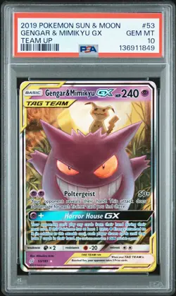 2019 POKEMON SUN & MOON TEAM UP #53 GENGAR & MIMIKYU GX PSA 10 - Image 1