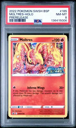 2022 Pokemon Brilliant Stars Promo #185 Moltres Prerelease Stamped Holo PSA 8 - Image 1