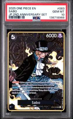 2025 ONE PIECE OP04-083 JAPANESE 2ND ANNIVERSARY SET SABO ENG PSA 10 GEM MINT - Image 1