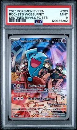 2025 POKEMON SVP DESTINED RIVALS ETB PROMO #203 TEAM ROCKET'S WOBBUFFET PSA 9 - Image 1