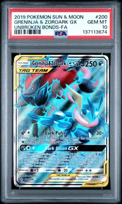 2019 POKEMON SUN & MOON UNBROKEN BONDS FULL ART/GRENINJA & ZOROARK GX PSA 10 - Image 1