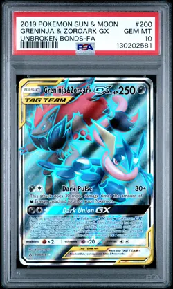 2019 POKEMON SUN & MOON UNBROKEN BONDS FULL ART/GRENINJA & ZOROARK GX PSA 10 - Image 1