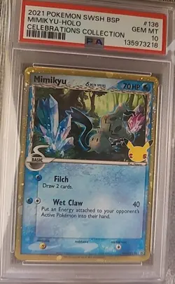 2021 Pokemon SWSH Black Star Promo Celebrations Mimikyu-Holo Card #136, PSA 10 - Image 1