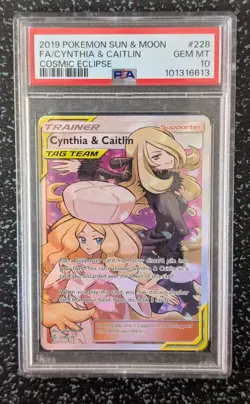 2019 POKEMON SUN & MOON COSMIC ECLIPSE #228 FULL ART/CYNTHIA & CAITLIN PSA 10 - Image 1