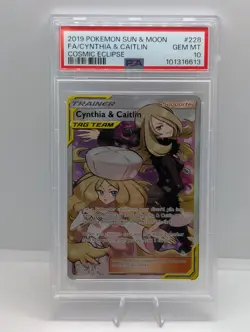 2019 POKEMON SUN & MOON COSMIC ECLIPSE #228 FULL ART/CYNTHIA & CAITLIN PSA 10 - Image 1