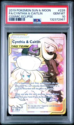 2019 POKEMON SUN & MOON COSMIC ECLIPSE #228 FULL ART/CYNTHIA & CAITLIN PSA 10 - Image 1