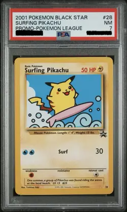 2001 POKEMON PROMO BLACK STAR POKEMON LEAGUE #28 SURFING PIKACHU PSA 7 🔥 - Image 1