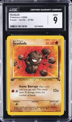 1999 POKEMON FOSSIL - 1ST ED #47/62 GEODUDE CGC 9 - Image 1