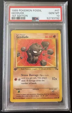 PSA 10 Geodude 47 Fossil 1st Edition Pokemon Card - Image 1