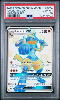 Lucario GX SV64/SV94 Hidden Fates Full Art Rare PSA 10 Gem Mint Pokemon Card - Image 1