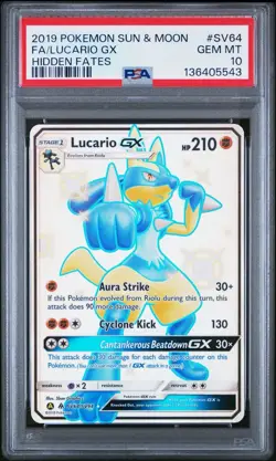 Lucario GX SV64/SV94 Hidden Fates Full Art Rare PSA 10 Gem Mint Pokemon Card - Image 1