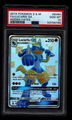 Lucario GX SV64/SV94 Hidden Fates Full Art Rare PSA 10 Gem Mint Pokemon Card - Image 1