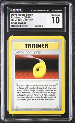 CGC 10 GEM MINT Devolution Spray 1999 Base Set 72/102 Shadowless Pokemon Card - Image 1