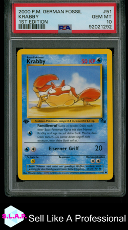 KRABBY 1ST EDITION POKEMON 51 1999 BASE SET NON-HOLO GERMAN PSA 10 - Image 1