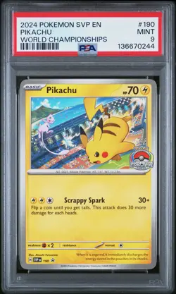 2024 POKEMON SVP EN-SV BLACK STAR PROMO WORLD CHAMPIONSHIPS #190 PIKACHU PSA 9 - Image 1