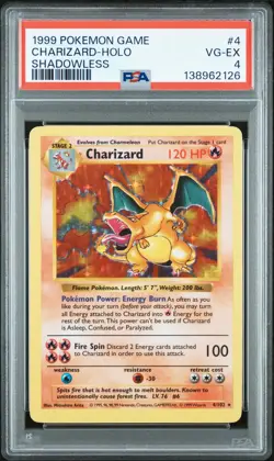 1999 POKEMON GAME SHADOWLESS #4 CHARIZARD-HOLO PSA 4 - Image 1