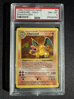 1999 POKEMON GAME SHADOWLESS #4 CHARIZARD-HOLO PSA 8 - VINTAGE GRADING LABEL - Image 1