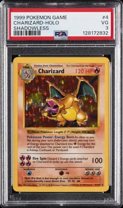 1999 POKEMON GAME SHADOWLESS #4 CHARIZARD-HOLO PSA 3 - Image 1