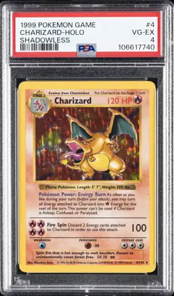 1999 POKEMON GAME SHADOWLESS #4 CHARIZARD-HOLO PSA 4 - Image 1