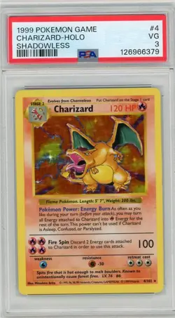 1999 POKEMON GAME CHARIZARD-HOLO SHADOWLESS #4 PSA 3 VG - Image 1