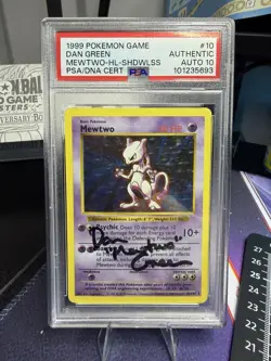 1999 POKEMON #10/102 MEWTWO HOLO SHADOWLESS DAN GREEN PSA AUTHENTIC AUTO 10 - Image 1