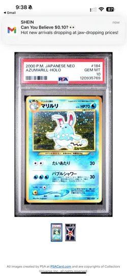 2000 Pokemon P.M. Japanese Neo Azumarill Holo #184 Psa 10 Gem Mint - Image 1