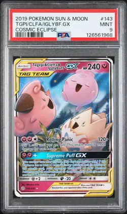 2019 POKEMON SUN & MOON COSMIC ECLIPSE #143 TOGEPI & CLEFFA & IGGLYBUFF GX PSA 9 - Image 1